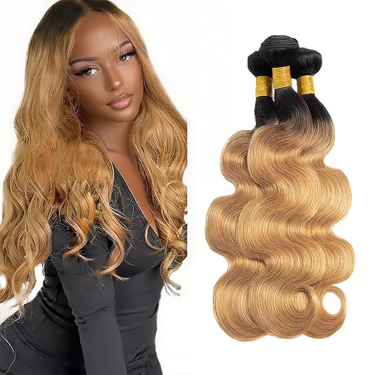 Ombre Body Wave Bundles Human Hair Ombre 1B/27 Bundle 20 22 24 Inch 2 Tone Black and Honey Blonde Body Wave Bundles Niegmeag Virgin Remy Hair Extensions 300g