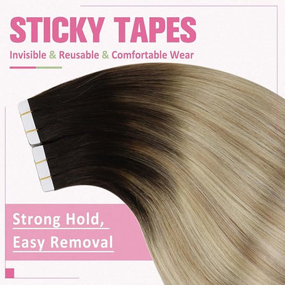YoungSee Tape in Hair Extensions Real Human Hair Ombre 16In Invisible Tape in Hair Extensions Dark Brown Ombre Blonde with Brown Balayage Tape ins Human Hair Extensions Silky Straight 20pcs 50g