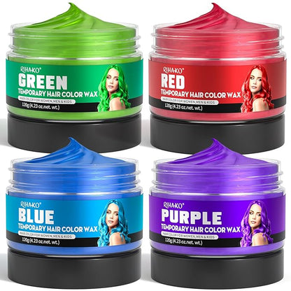 4 Colors Temporary Hair Color for Kids,Gifts for Teens,Girls,Boys,Fun Gifts for Kids,Temporary Hair Dye,Green Purple Red Blue Hair Dye Color Wax,DIY Hairstyle Instant Color Wax Halloween Party