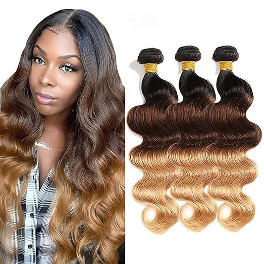 Ombre Human Hair Bundles Blonde Body Wave Bundle Niegmeag Virgin Soft and Silky Hair 3 Bundles 26 28 30 Inch Double Weft Honey Blonde Body Wave Bundle Hair Weave