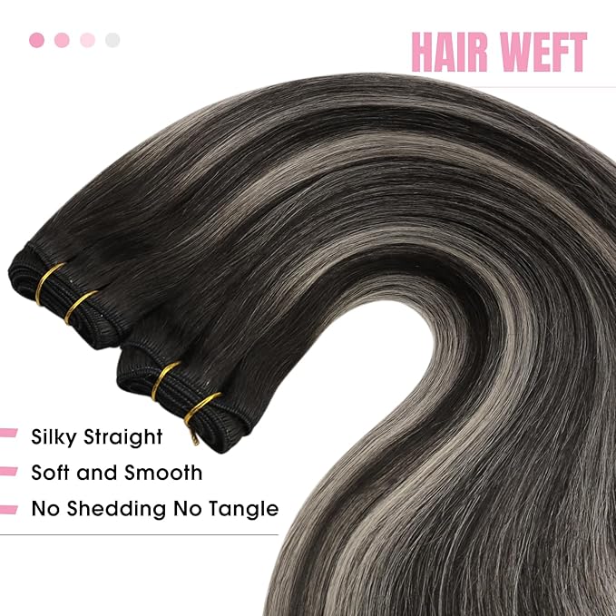 YoungSee Weft Hair Extensions Ombre Black Sew in Hair Extensions Real Human Hair Blend of Black and Silver with Black Roots Human Hair Weft Extensions for Short 100G 14Inch