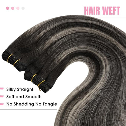 YoungSee Weft Hair Extensions Ombre Black Sew in Hair Extensions Real Human Hair Blend of Black and Silver with Black Roots Human Hair Weft Extensions for Short 100G 14Inch
