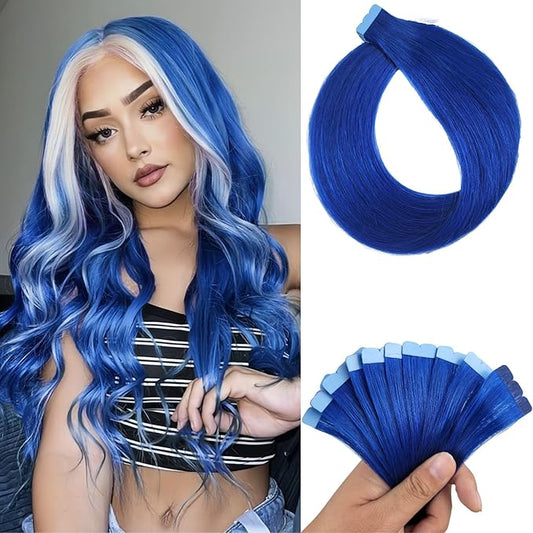 Blue Tape in Hair Extensions Real Human Hair Invisible Mini Human Hair Tape in Extensions Diy 20Inch 10Pcs Silky Soft Remy Hair for Party