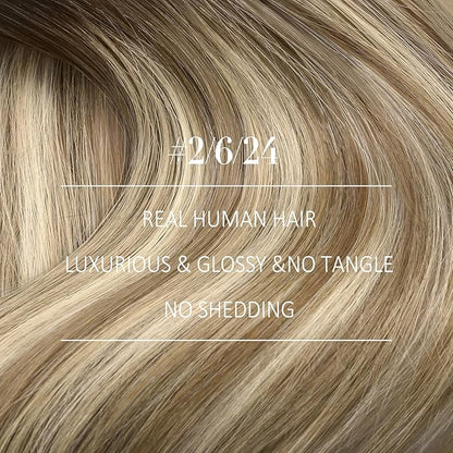YoungSee Sew in Hair Extensions Real Human Hair Brown Balayage Weft in Extensions Darkest Brown to Brown with Blonde Rooted Brown Thick Human Hair Weft Extensions Long for Women 24Inch 100G