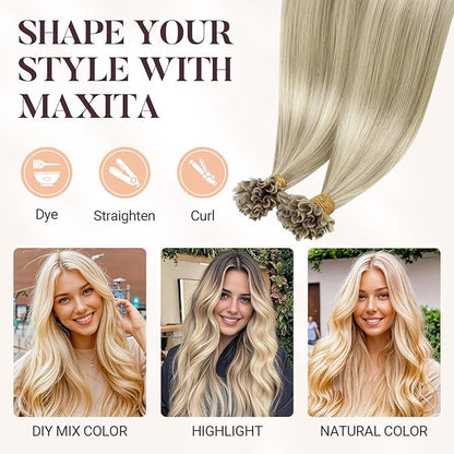 MAXITA U Tip Hair Extensions Human Hair, Ash Blonde Highlighted Platinum Blonde Hair Extensions Real Human Hair, 50g/50 Strands/Pack, 20 In Virgin Human Hair