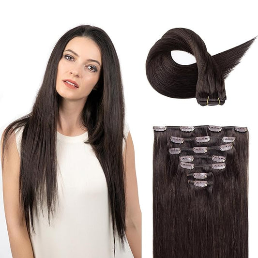 Clip in Hair Extensions Real Human Hair, Remy Human Hair Clip in Extensions for Long Hair, Dark Brown Straight Hair Extensions Add Volum add Length #2 24Inch 120G 7PCS