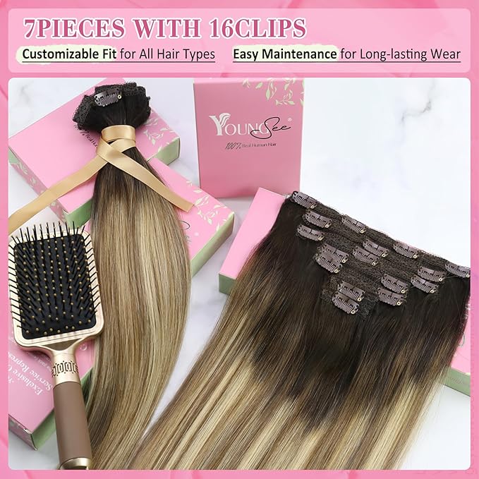 YoungSee 135g Human Hair Extensions Clip in Balayage Clip in Hair Extensions Dark Brown Roots Blending into Medium Brown with Warm Blonde For Special Occasions 18inch 7pcs