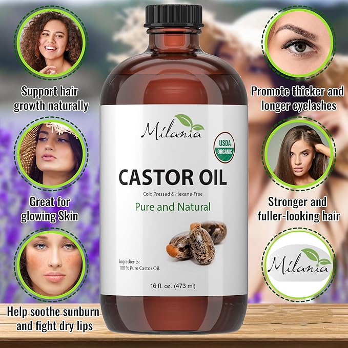MILANIA Organic Castor Oil - Glass Bottle - Cold Pressed & Hexane-Free (16 fl. oz.)