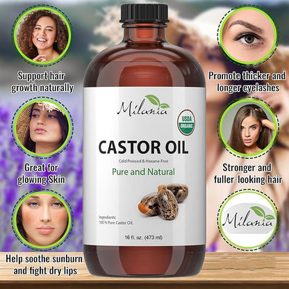MILANIA Organic Castor Oil - Glass Bottle - Cold Pressed & Hexane-Free (16 fl. oz.)