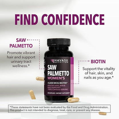 Saw Palmetto for Women with Biotin 5000mcg - Powerful DHT Blocker to Support Hair, Skin, and Nail Health - 60 Count - Vegan, Non-GMO Vitamin for Stronger, Fuller Looking Locks - 1 Month Supply