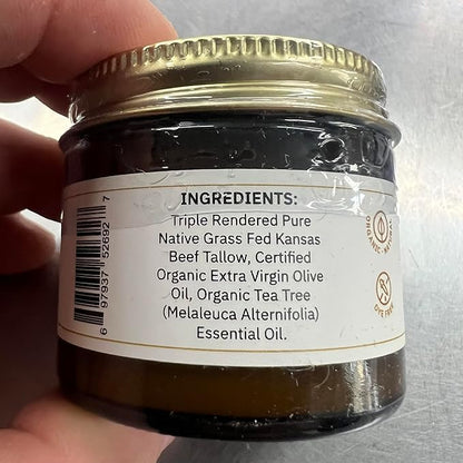 Beef Tallow Balm - 2 oz - Grown and Made in USA - Organic Grass Fed and Finished Tallow - Moisturizing Skin Care Tea Tree