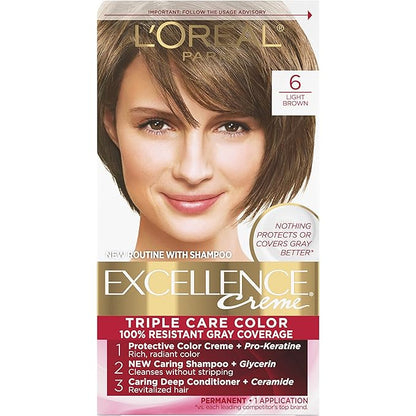 L'Oreal Paris Excellence Creme Permanent Triple Care Hair Color, 6 Light Brown Hair Dye Kit, Gray Coverage For Up to 8 Weeks, All Hair Types, Pack of 1