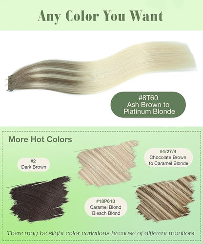 SURNEL Tape in Hair Extensions Human Hair Ombre Color 8 Ash Brown Fading to 60 Platinum Blonde Tape in Hair Extensions 14 inch Silky Remy Tape Hair 20pcs 50g(#8T60-14)
