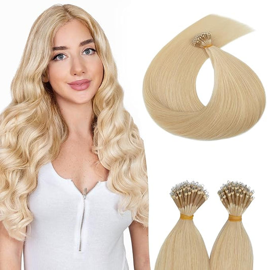 Nano Bead Human Hair Extensions Nano-bond Hair Extensions Silky Straight Natural 50g/50 Stands 18" Bleach Blonde