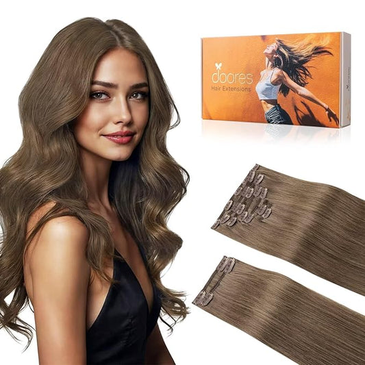 DOORES Clip in Hair Extensions, Light Ash Brown 150g 9pcs 24 Inch, Hair Extensions Extensions for Women Remy Hair Extensions Clip in Human Hair Natural Clip in Thick Silky Straight Hair Extensions