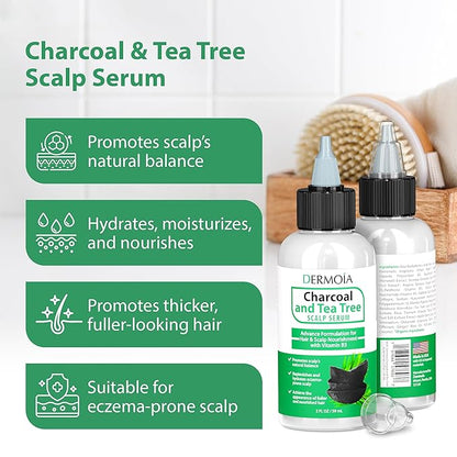 Scalp Serum with Charcoal + Tea Tree - Non GMO Scalp Moisturizer for Dry Itchy Scalp Relief - Fragrance Free Serum with Tea Tree Oil for Scalp Treatment - Rejuvenating Hair Serum with Vitamin