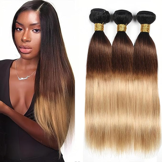 T1B4/27 Bundles Human Hair Ombre Straight Bundles 26 28 30 Inch Double Weft Virgin Real Color 27 Straight Bundle Hair Weave Ombre Blonde Color 300g