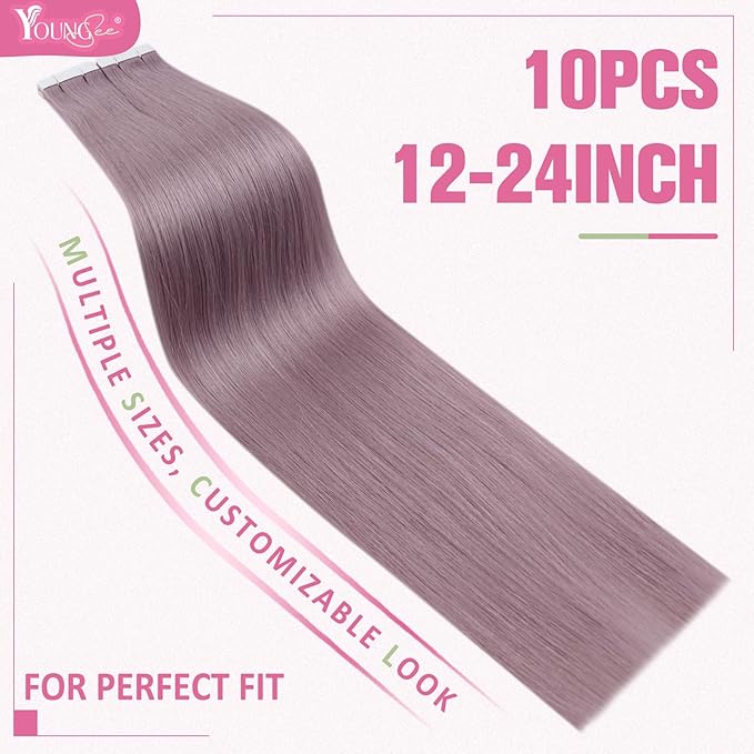 YoungSee Tape in Hair Extensions Human Hair Purple Hair Extensions Tape in Lavender Tape Remy Hair Extensions Human Hair 14In Light Purple Tape in Hair Extensions Colored Highlight 25g 10pcs