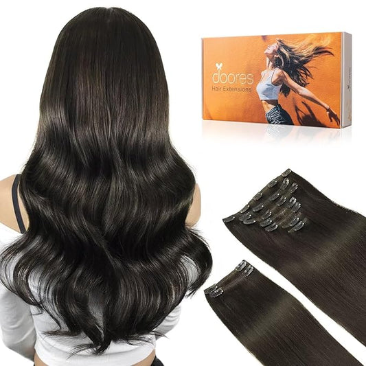 DOORES Human Hair Clip in Extensions, Mocha Brown 150g 9pcs 22 Inch, Real Human Hair Extensions Clip in Remy Hair Extensions Human Hair Natural Thick Human Hair Extensions Clip ins Silky Straight