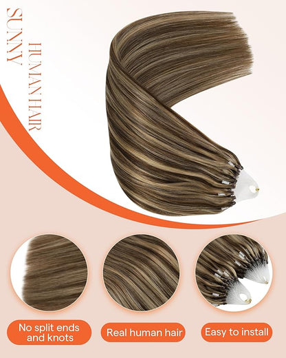 Sunny Hair Brown Micro Link Hair Extensions Human Hair Highlight 20inch Long Microloop Hair Extensions Human Hair Dark Brown Highlight Caramel Blonde Bead Hair Extensions Real Human Hair Soft 50g