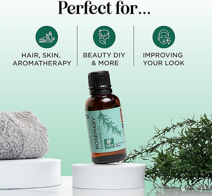 Pure Rosemary Oil for Hair Skin and Nails - 100% Pure Undiluted Rosemary Essential Oil with Dropper for Topical Uses Aromatherapy Diffusing and Home and Beauty DIYs - Vegan and Cruelty Free (1 Fl Oz)