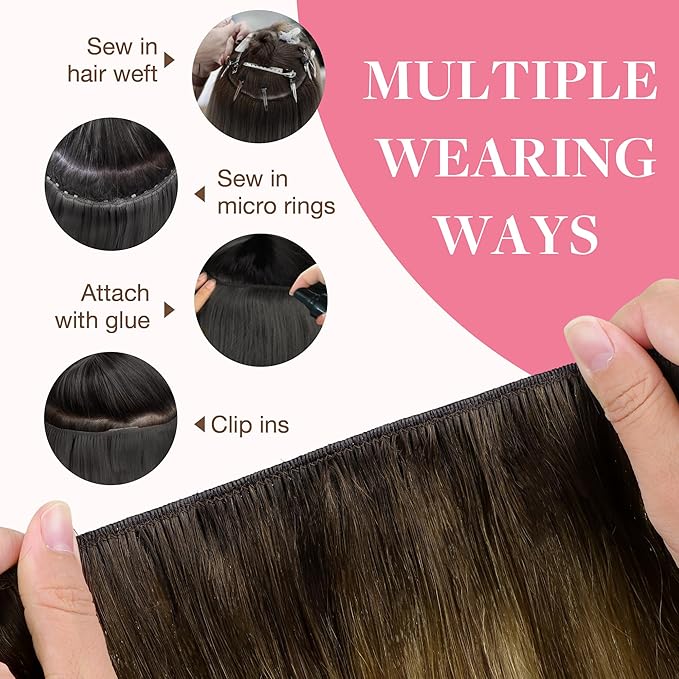 GOO GOO Sew in Hair Extensions Real Human Hair, Weft Hair Extensions Human Hair, 4D/14/5B Brunette Balayage 16inch 100g, Weft Bundles Straight Silky Remy Hair