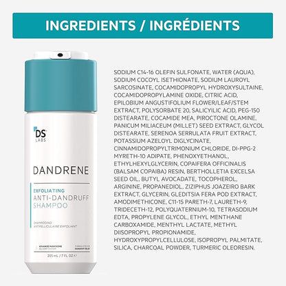 DS Labs Dandrene Dandruff Shampoo - for Flaky, Itchy Scalp, Exfoliating Shampoo for Dry Scalp, Seborrheic Dermatitis, Scalp Psoriasis, Color-Safe, Sulfate-Free, Nanosome Technology, 205mL