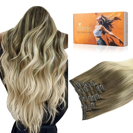 DOORES Hair Extensions Clip in Human Hair, Ash Brown to Platinum Blonde 12 Inch 7pcs 80g, Clip in Hair Extensions Real Human Hair Extensions Human Hair Natural Silky Straight Hair