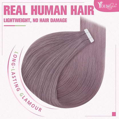 YoungSee Tape in Hair Extensions Human Hair Purple Hair Extensions Tape in Lavender Tape Remy Hair Extensions Human Hair 14In Light Purple Tape in Hair Extensions Colored Highlight 25g 10pcs