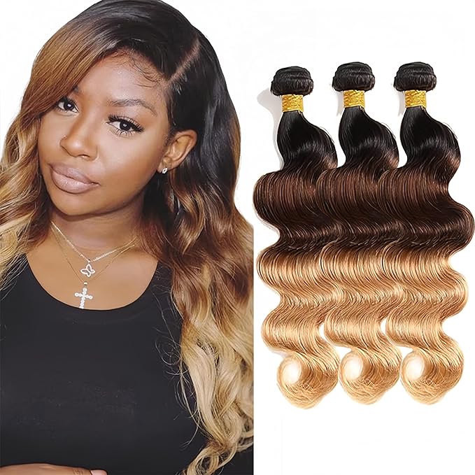 4/27 Human Hair Bundles Ombre Body Wave Bundle Niegmeag Virgin Remy Hair 3 Bundles 14 16 18 Inch Double Weft 3 Tone Honey Blonde and Brown Body Wave Bundle