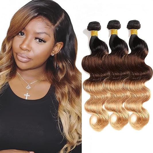 4/27 Human Hair Bundles Ombre Body Wave Bundle Niegmeag Virgin Remy Hair 3 Bundles 14 16 18 Inch Double Weft 3 Tone Honey Blonde and Brown Body Wave Bundle
