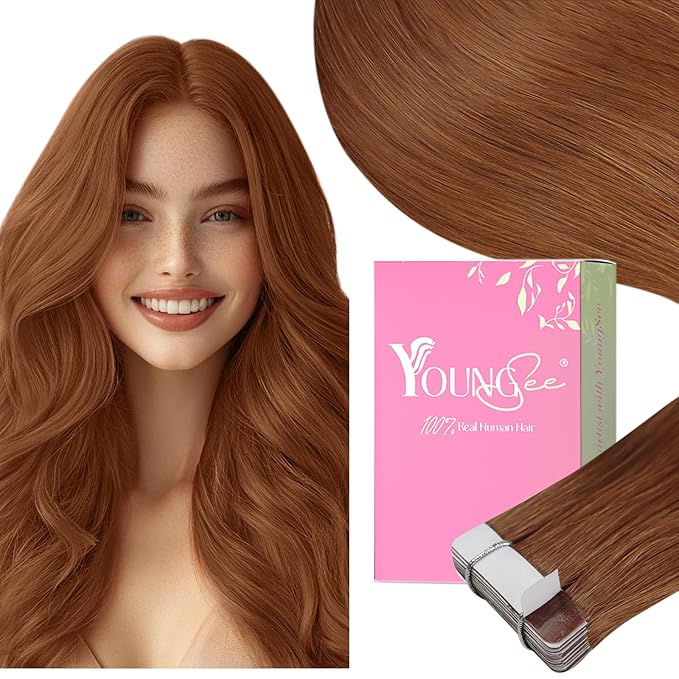 YoungSee Tape in Hair Extensions Copper Tape in Extensions Human Hair 14Inch Tape in Real Hair Extensions Copper Real Hair Extensions Tape in Short Hair Extensions for Women 20Pcs 50G