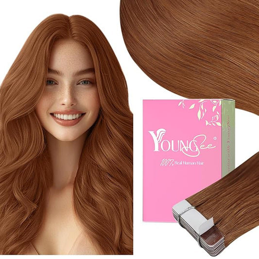 YoungSee Tape in Hair Extensions Copper Tape in Extensions Human Hair 14Inch Tape in Real Hair Extensions Copper Real Hair Extensions Tape in Short Hair Extensions for Women 20Pcs 50G