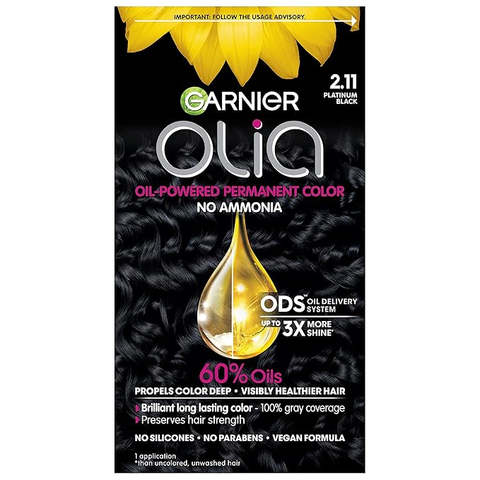 Garnier Hair Color Olia Ammonia-Free Brilliant Color Oil-Rich Permanent Hair Dye, 2.11 Platinum Black, 1 Count (Packaging May Vary)