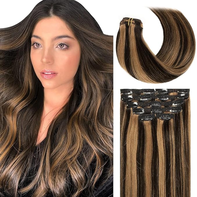 Lacer Remy Hair Clip in Extensions Human Hair Color P#1B/30 Auburn Brown Highlight Natural Black 20 Inch Invisible Human Hair Clip in Extensions Full Head 7pcs 140G