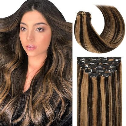 Lacer Remy Hair Clip in Extensions Human Hair Color P#1B/30 Auburn Brown Highlight Natural Black 20 Inch Invisible Human Hair Clip in Extensions Full Head 7pcs 140G