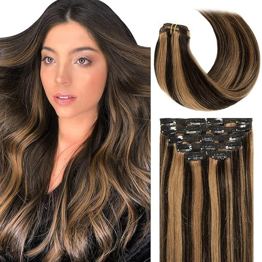 Lacer Remy Hair Clip in Extensions Human Hair Color P#1B/30 Auburn Brown Highlight Natural Black 20 Inch Invisible Human Hair Clip in Extensions Full Head 7pcs 140G