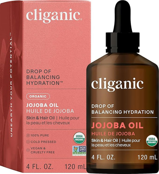 Cliganic Organic Jojoba Oil, 100% Pure (4oz) | Moisturizing for Face, Hair, Skin & Nails | Natural Cold Pressed Hexane Free | Base Carrier Oil