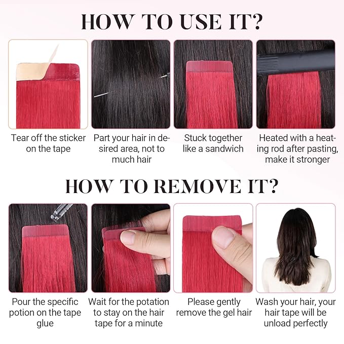 MAXITA Tape in Hair Extensions Human Hair Red Hair Extensions Tape ins, 10pcs 30g 22 Inch Colored Party Highlight Tape in Extensions Straight Soft Real Human Hair Extension