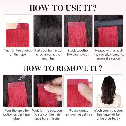 MAXITA Tape in Hair Extensions Human Hair Red Hair Extensions Tape ins, 10pcs 30g 22 Inch Colored Party Highlight Tape in Extensions Straight Soft Real Human Hair Extension