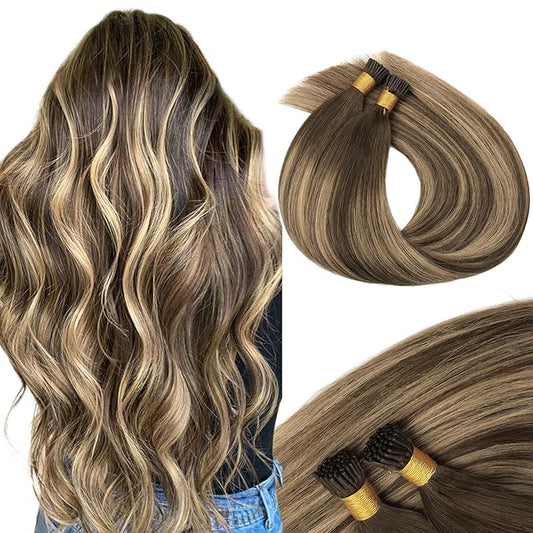 MAXITA I Tip Hair Extensions, 50g/100s, Chocolate Brown to Caramel Blonde 16 Inch Comfortable Wear, Invisible & Natural Cold Fusion, 100% Remy Human Hair Itip Keratin Extensions