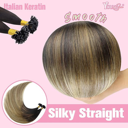 YoungSee K Tip Hair Extensions Real Human Hair Balayage Ktip Extensions Ombre Dark Brown Roots to Blonde K Tips Human Hair Extensions for Long Hair 24Inch 50s/50g Pre Bonded Hair Extensions Add Length