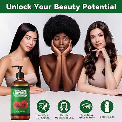16.9 oz Castor Oil Organic Cold Pressed Unrefined Glass Bottle | 4 Pcs Castor Oil Pack Wrap Organic Cotton Reusable, Caster Oils Kit for Face, Hair, Eyelashes, Waist, Knee, Body