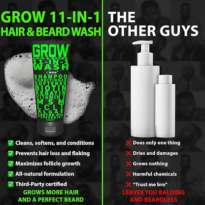 Beard Growth Kit w/ 2X Thickening Biotin Beard Balm for Men & Mustache Wax + GROW Maximum Strength Biotin 11-in-1 Hair Growth Shampoo and Conditioner for Men - Formulated in the USA