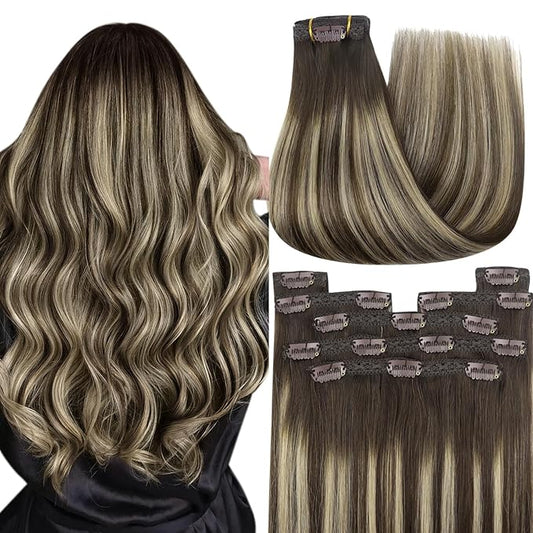 YoungSee 150G Clip in Hair Extensions Real Human Hair Brown Balayage Hair Extensions Clip ins Chocolate Brown with Ash Blonde Balayage Silky Clip on Hair Extensions Human Hair 24inch 7pcs
