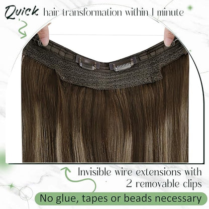 RUNATURE Wire Hair Extensions Real Human Hair, Balayage Brown Roots Human Hair Extensions for Women, Invisible Fish Line Extensions Soft Remy Hair, 16 Inch 80g #4/27/4