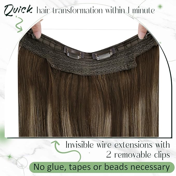 RUNATURE Invisible Wire Hair Extensions Real Human Hair with Transparent Wire 14 Inch 70g Fish Line Hair Extensions One Piece Clip in Wire Human Hair Extensions Full Ends Remy Natural Hair