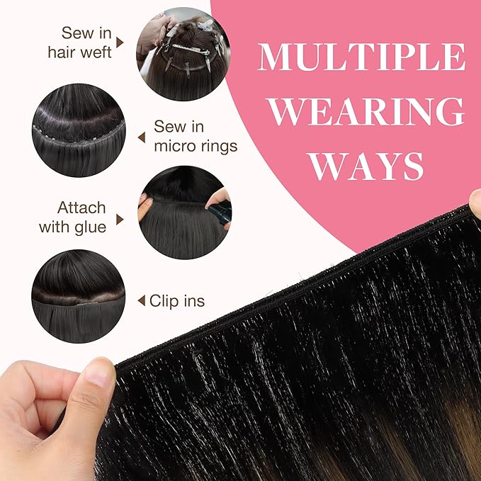 GOO GOO Sew in Hair Extensions Real Human Hair, Weft Hair Extensions Human Hair, 1B/6/1B Balayage Natural Black to Chestnut Brown 18inch 100g, Weft Bundles Straight Silky Remy Hair