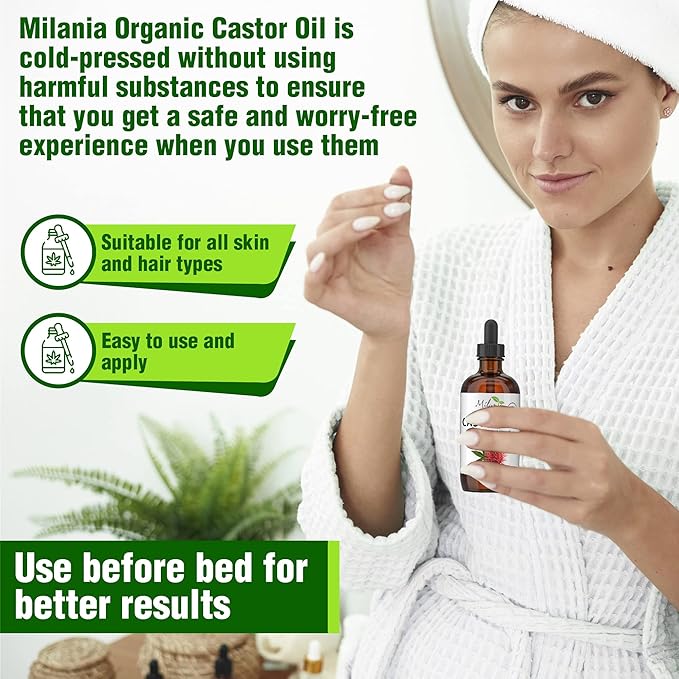 MILANIA Organic Castor Oil - Glass Bottle - Cold Pressed & Hexane-Free (4 fl. oz.)