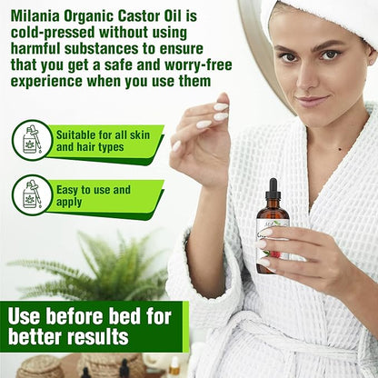 MILANIA Organic Castor Oil - Glass Bottle - Cold Pressed & Hexane-Free (4 fl. oz.)